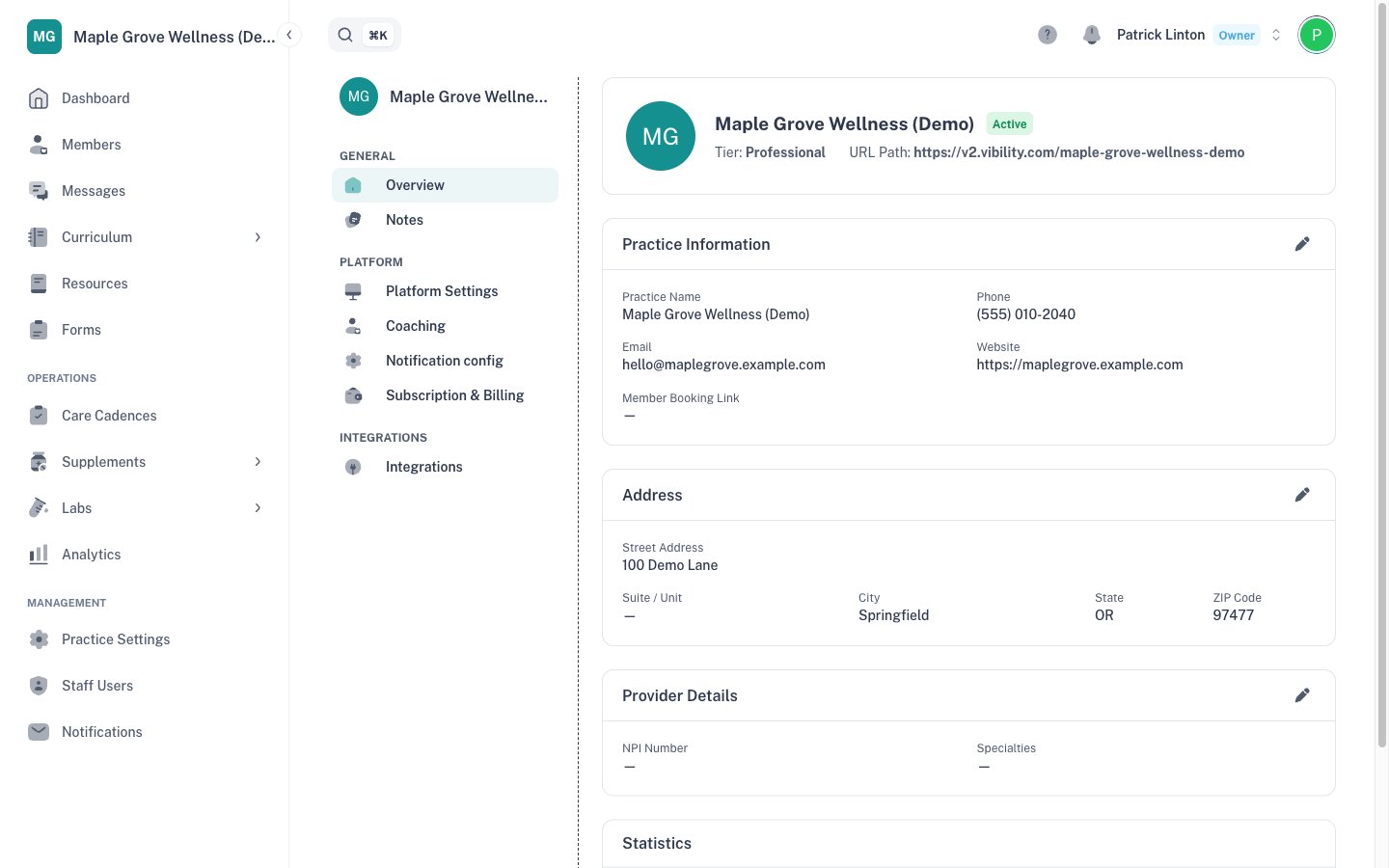 The Practice Settings menu showing its pages (Overview, Notes, Platform Settings, Coaching, Notification config, Subscription & Billing, Integrations)