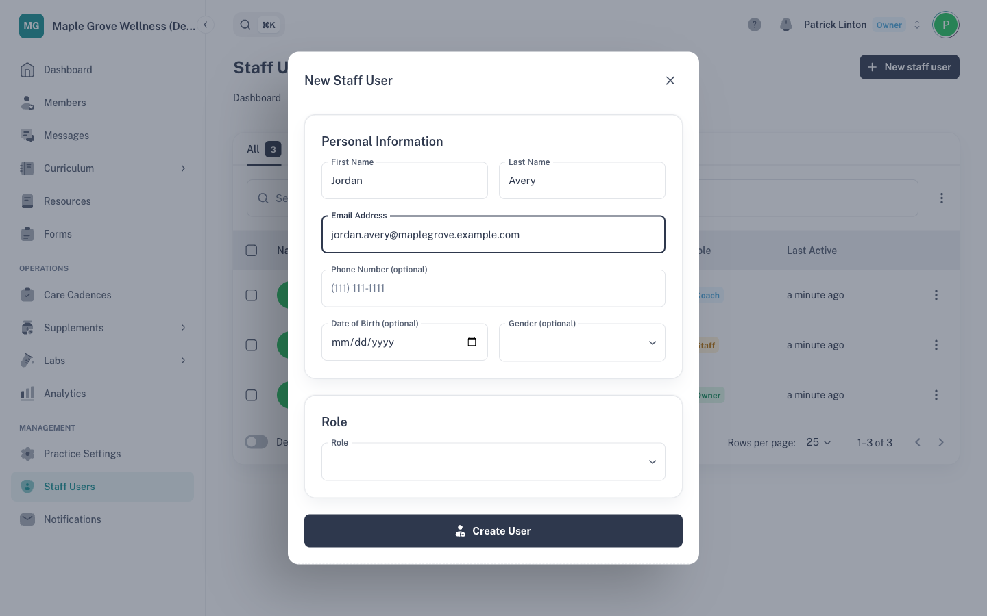 The New Staff User dialog with the Personal Information and Role sections filled in