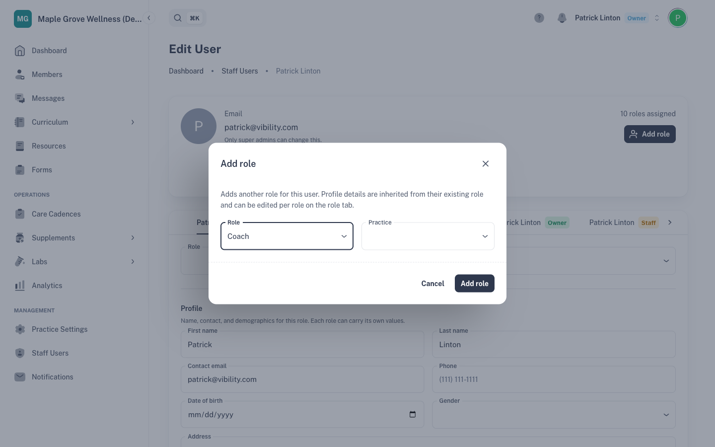 A staff member's page with the Add role dialog open