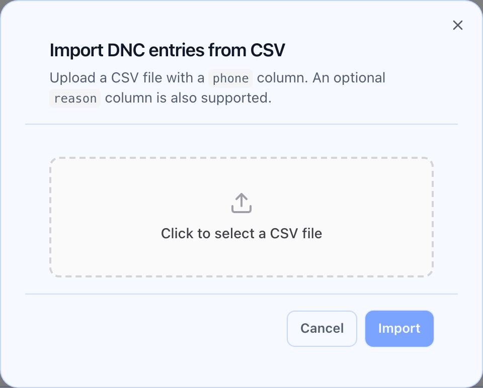 Import DNC CSV dialog.