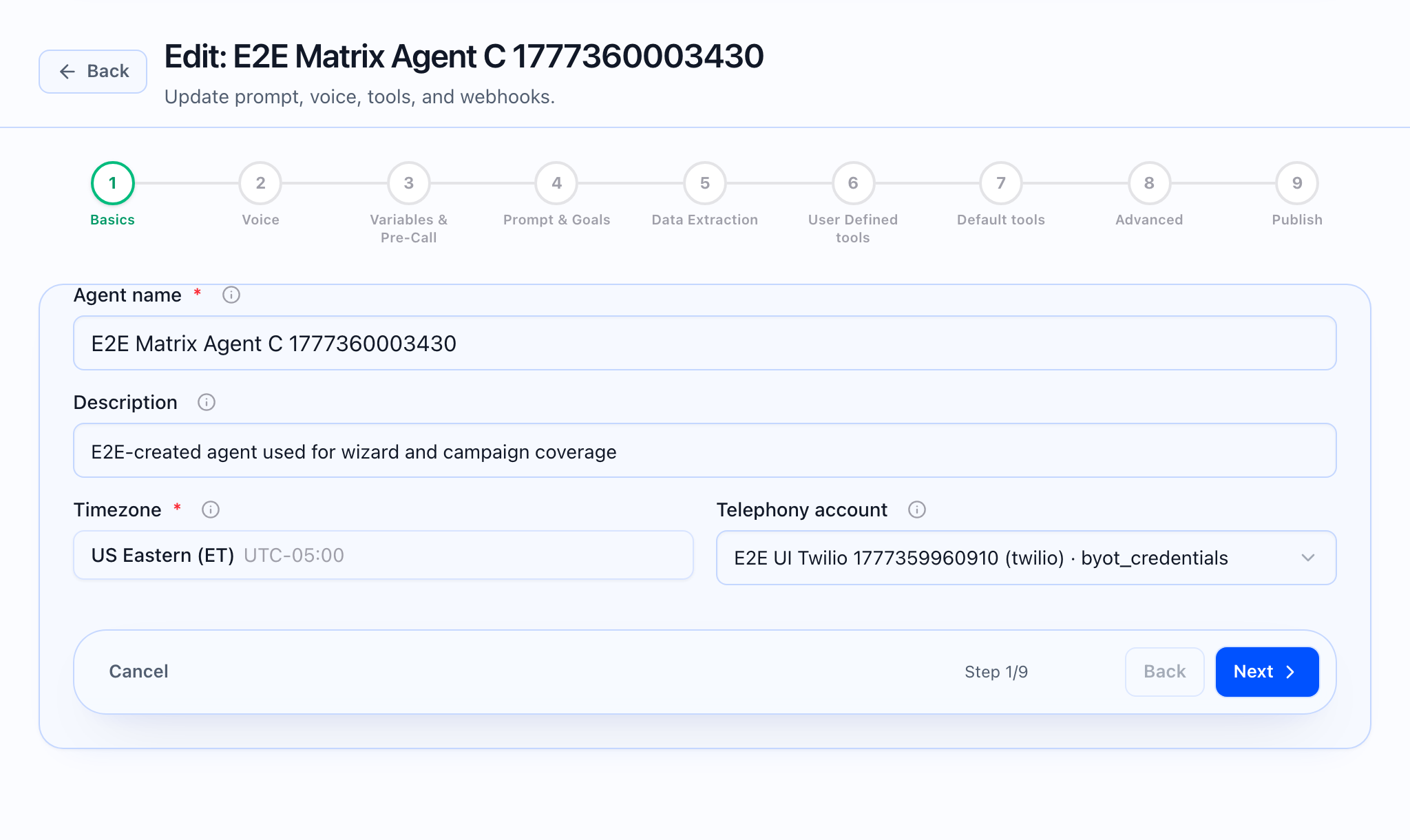Agent editor on Prompt and Goals with inbound and outbound greetings and Identity.
