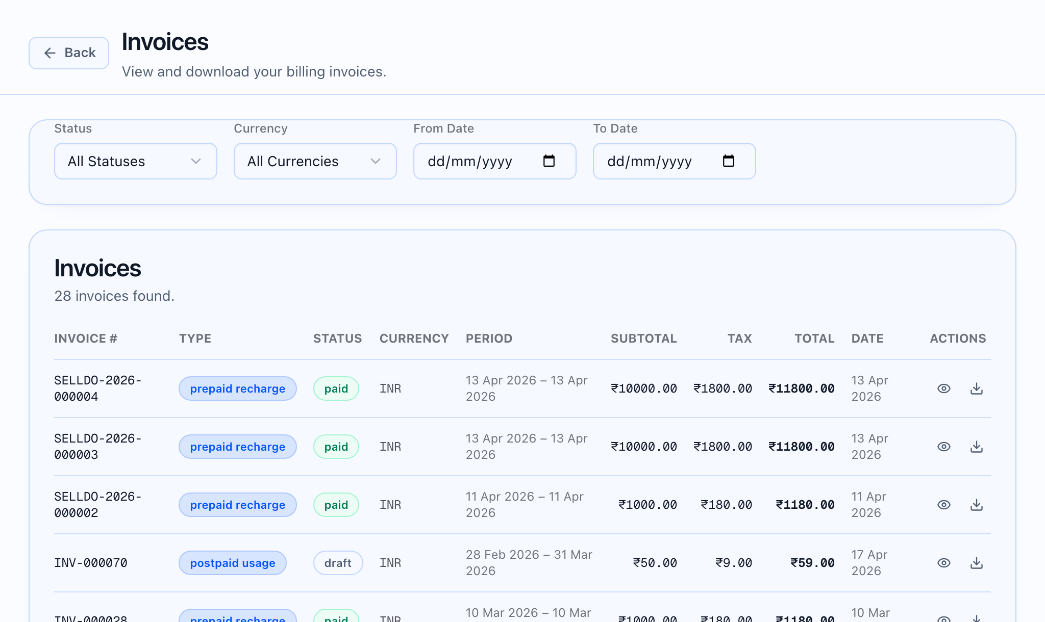 Invoices list with filters and invoice rows for the demo tenant.