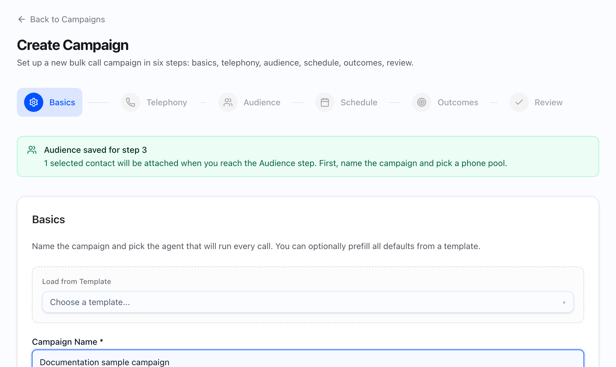 Campaign wizard Audience step with contact source options and configuration panel.