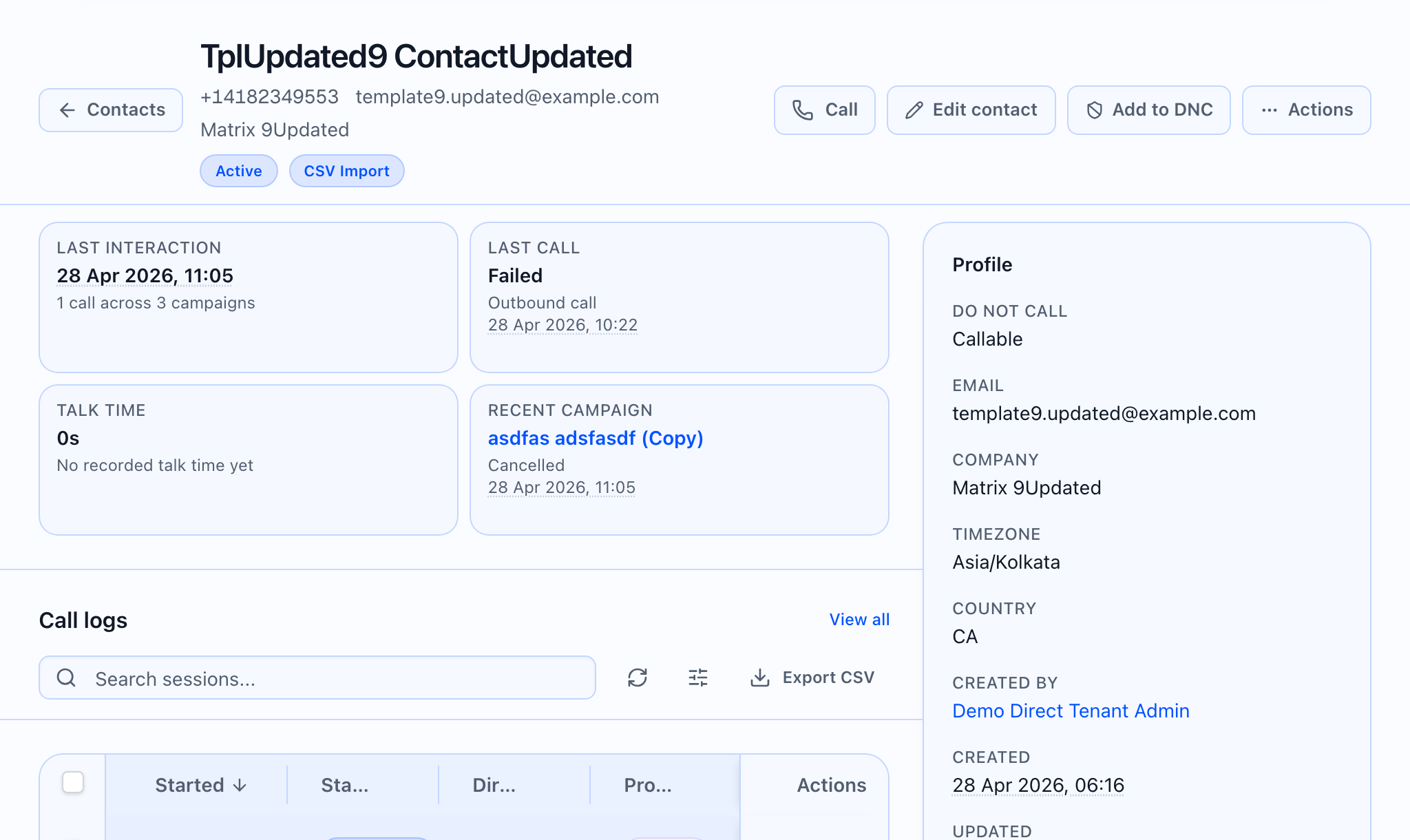 Full contact detail page with summary tiles, call logs, follow-ups, memory, and profile sidebar.