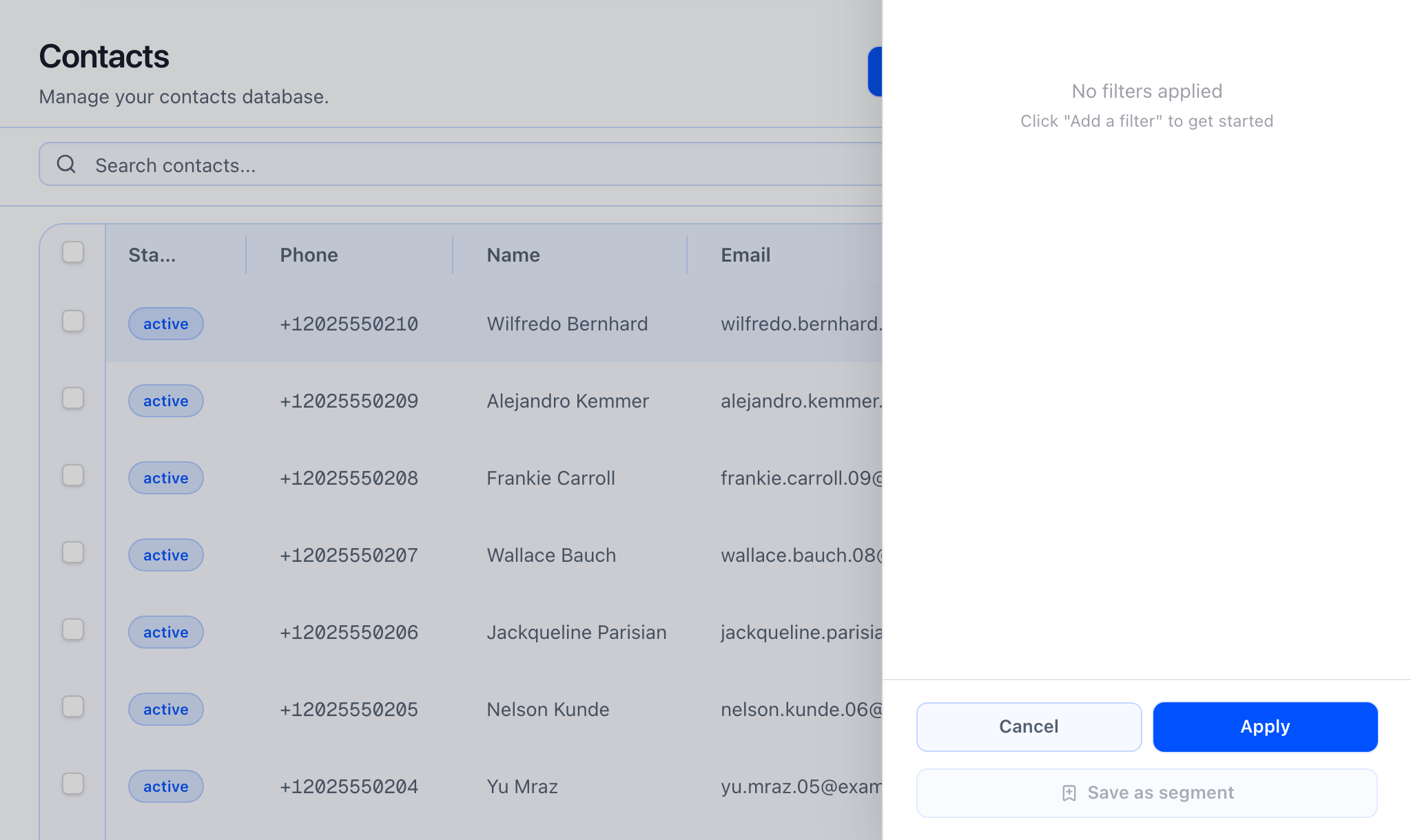 Contacts list with filters panel open.