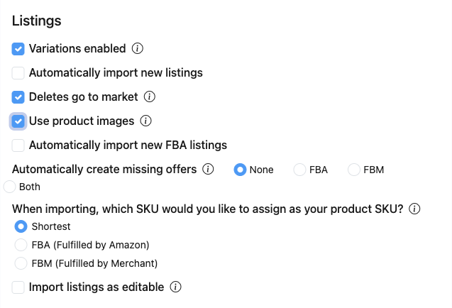 Use product images checked in the Listings section of an integration