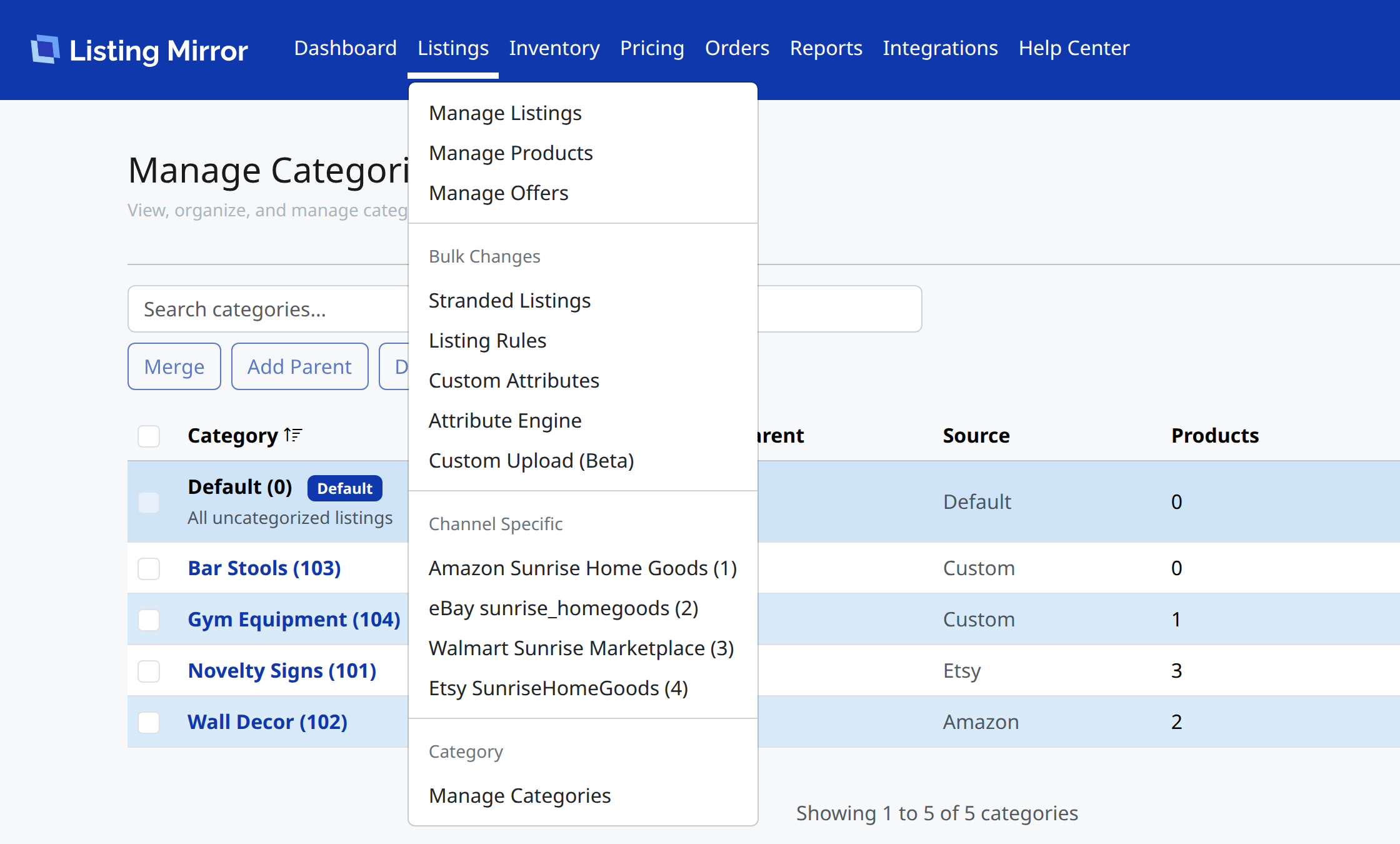 The Listings menu open, with Manage Categories under the Category heading