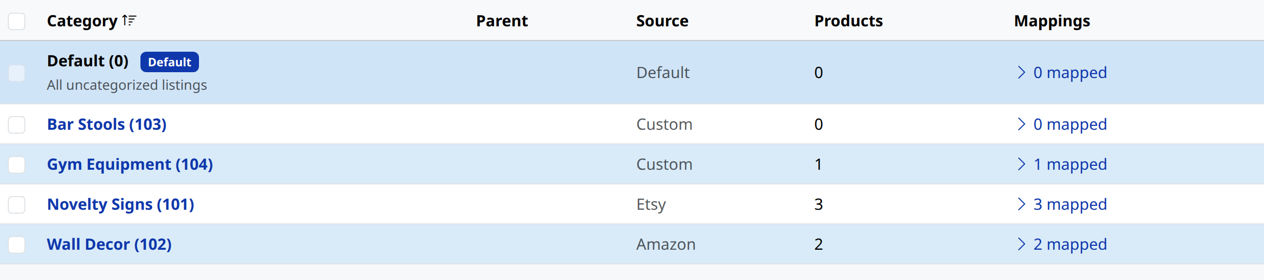 The Manage Categories page listing product categories with Source, Products and Mappings columns