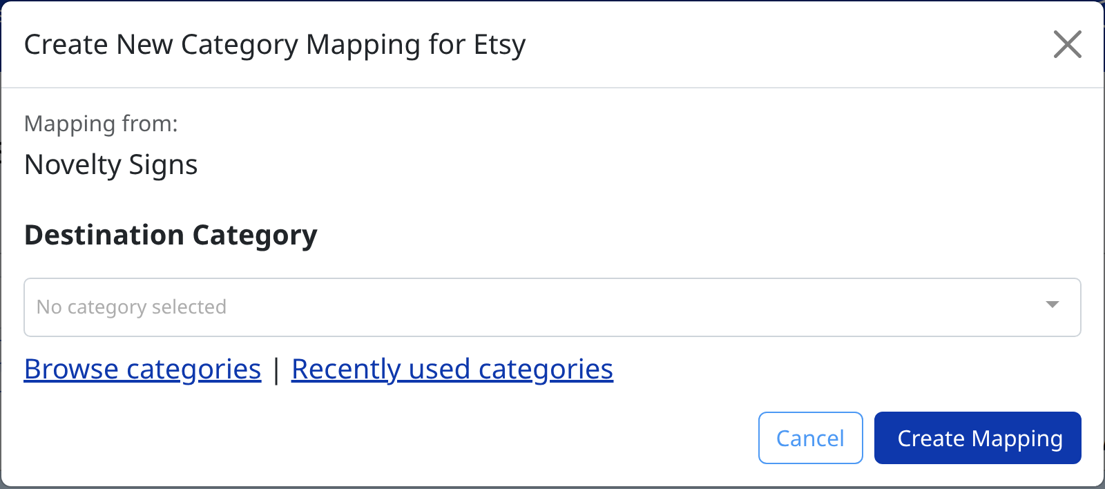 The Create New Category Mapping dialog, showing the Destination Category field