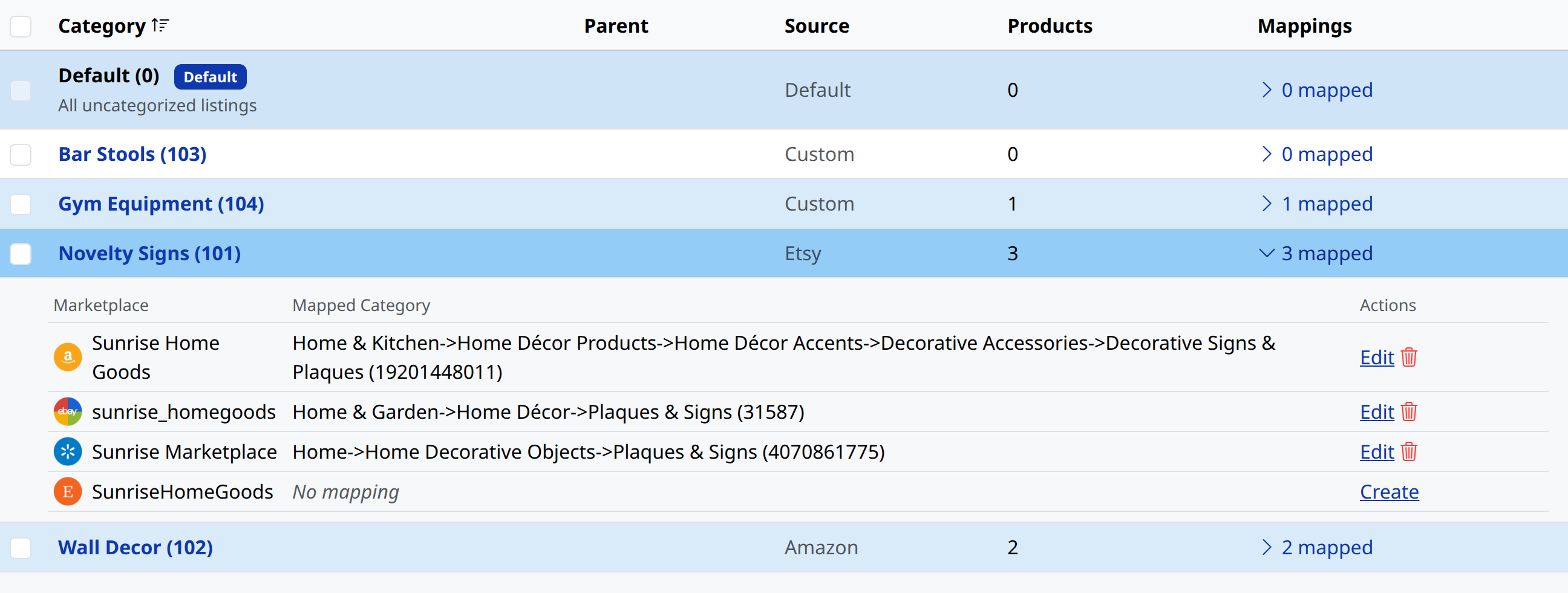 A category expanded to show each marketplace and the category it is mapped to