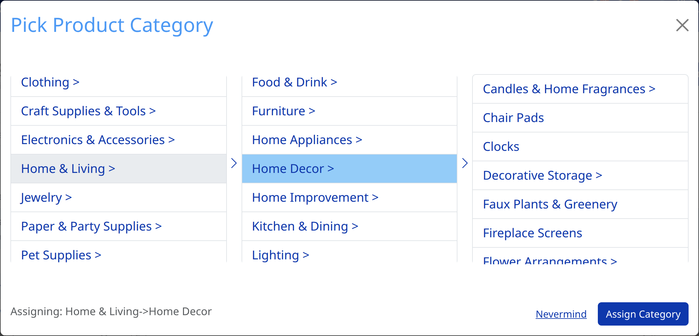 The Pick Product Category browser, with columns of categories and the assignment status at the bottom
