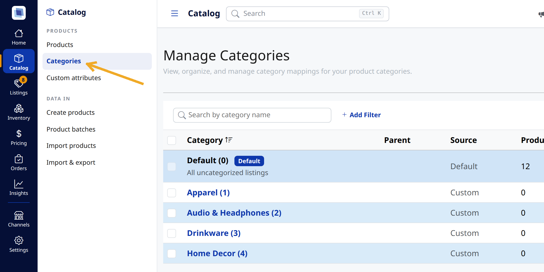 The Listings menu open, with Manage Categories under the Category heading