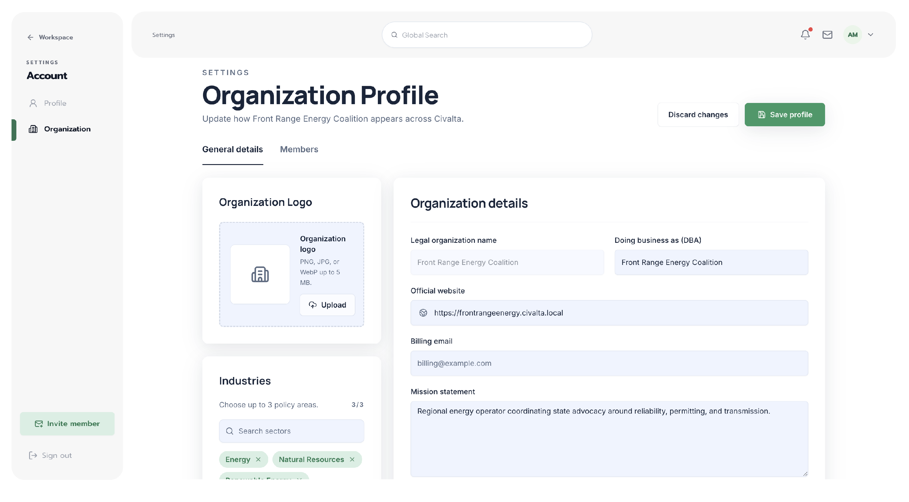 Civalta Organization Profile settings showing an organization logo, industries, and fields for the legal organization name, DBA, website, billing email, and mission statement.
