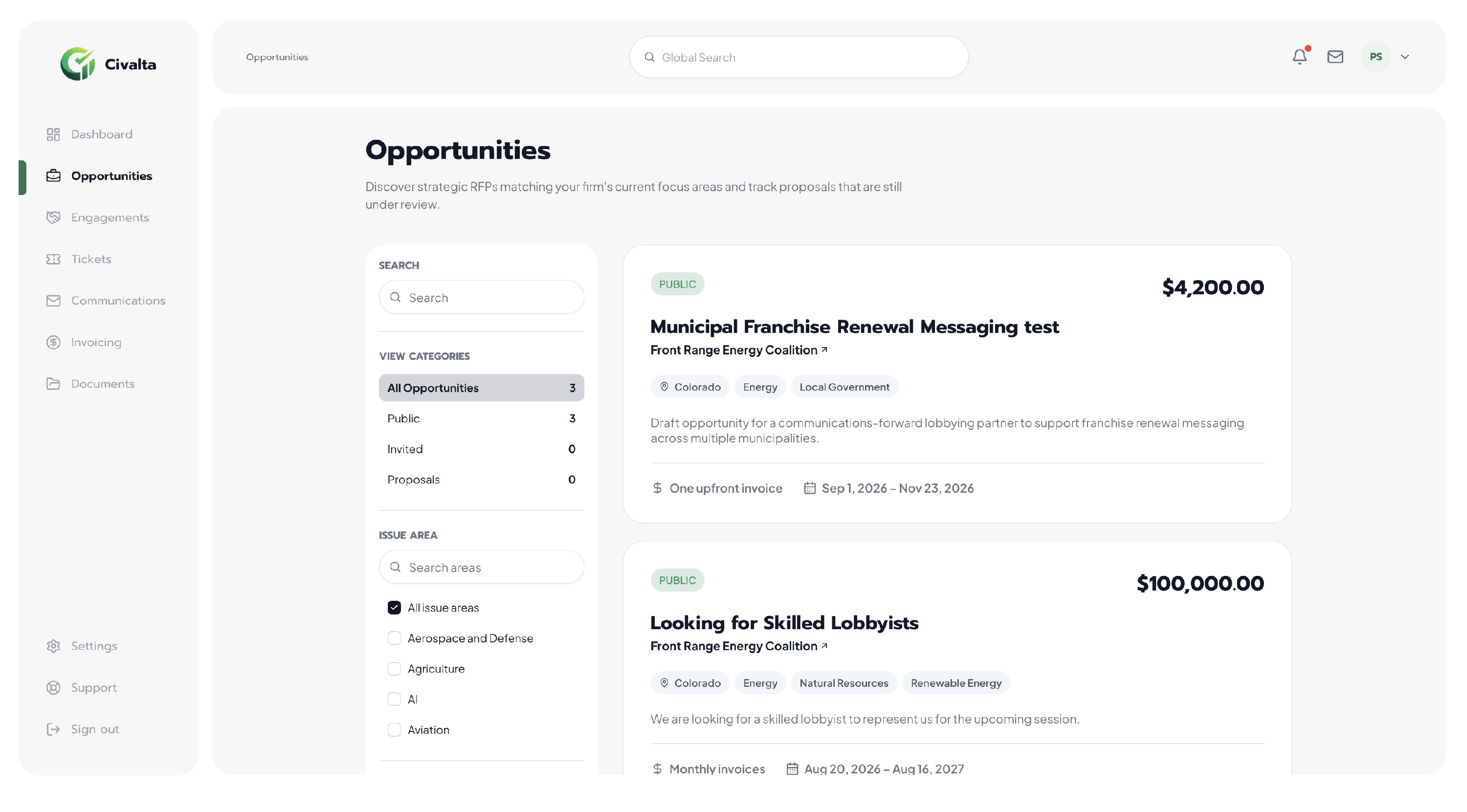 Civalta Opportunities page for a lobbying firm, showing public opportunity cards and filters for opportunity categories and issue areas