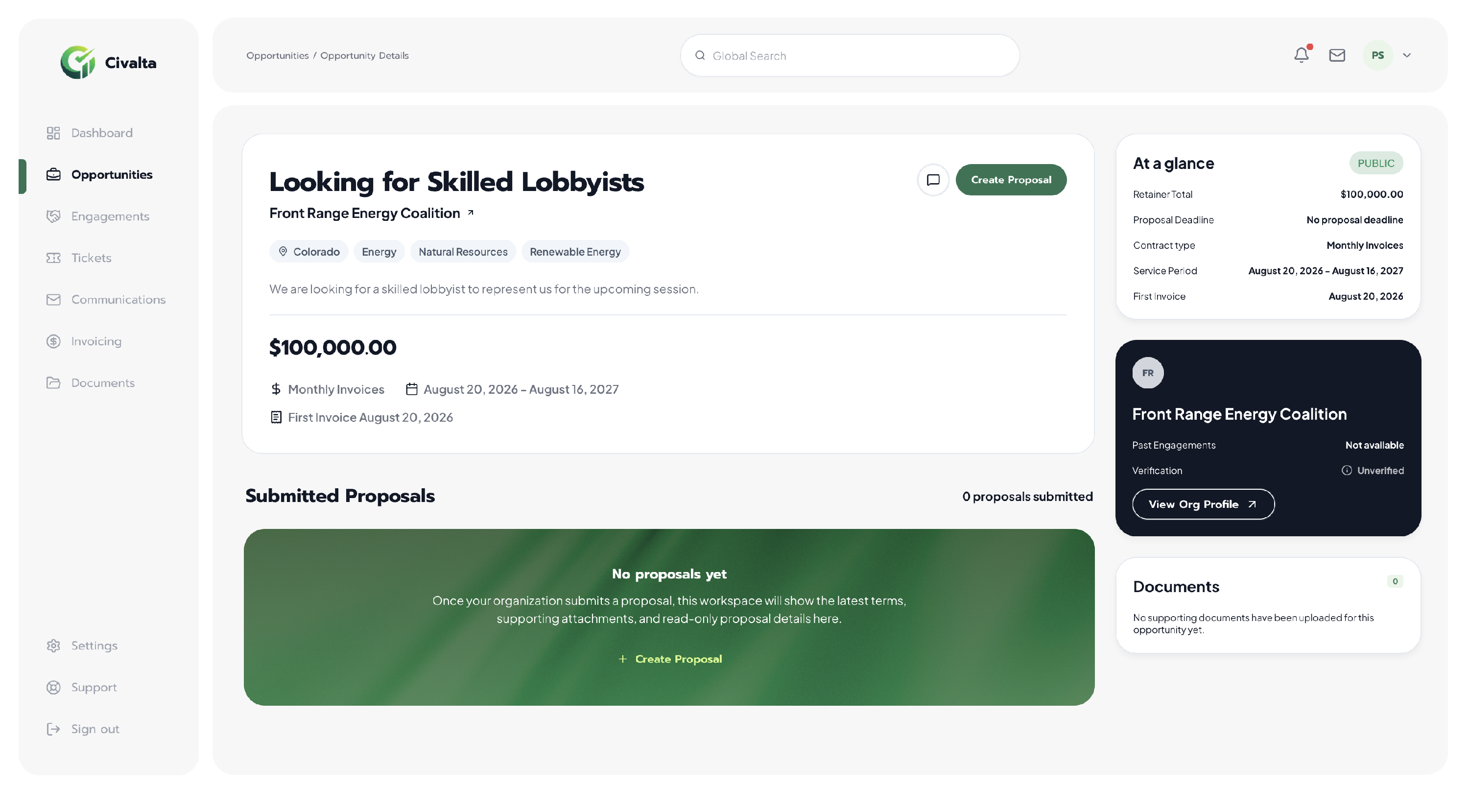 Civalta opportunity details page showing the scope, budget, service period, client profile, documents, and Create Proposal action