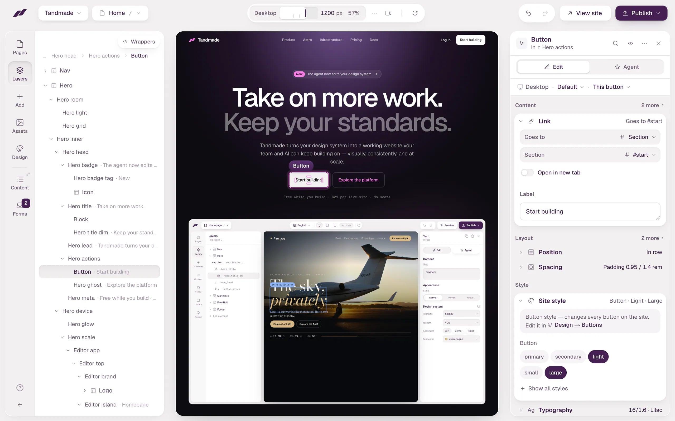 The Tandmade editor with a site's homepage open on the canvas. A button is selected; the Layers panel on the left highlights it and the inspector on the right shows its settings, with Edit and Agent at the top.