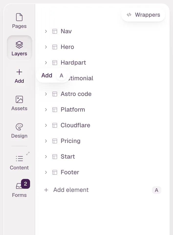 The left panel of the editor with Layers open. The pointer is on Add in the bar of areas, and a tooltip next to it reads Add with the key A.