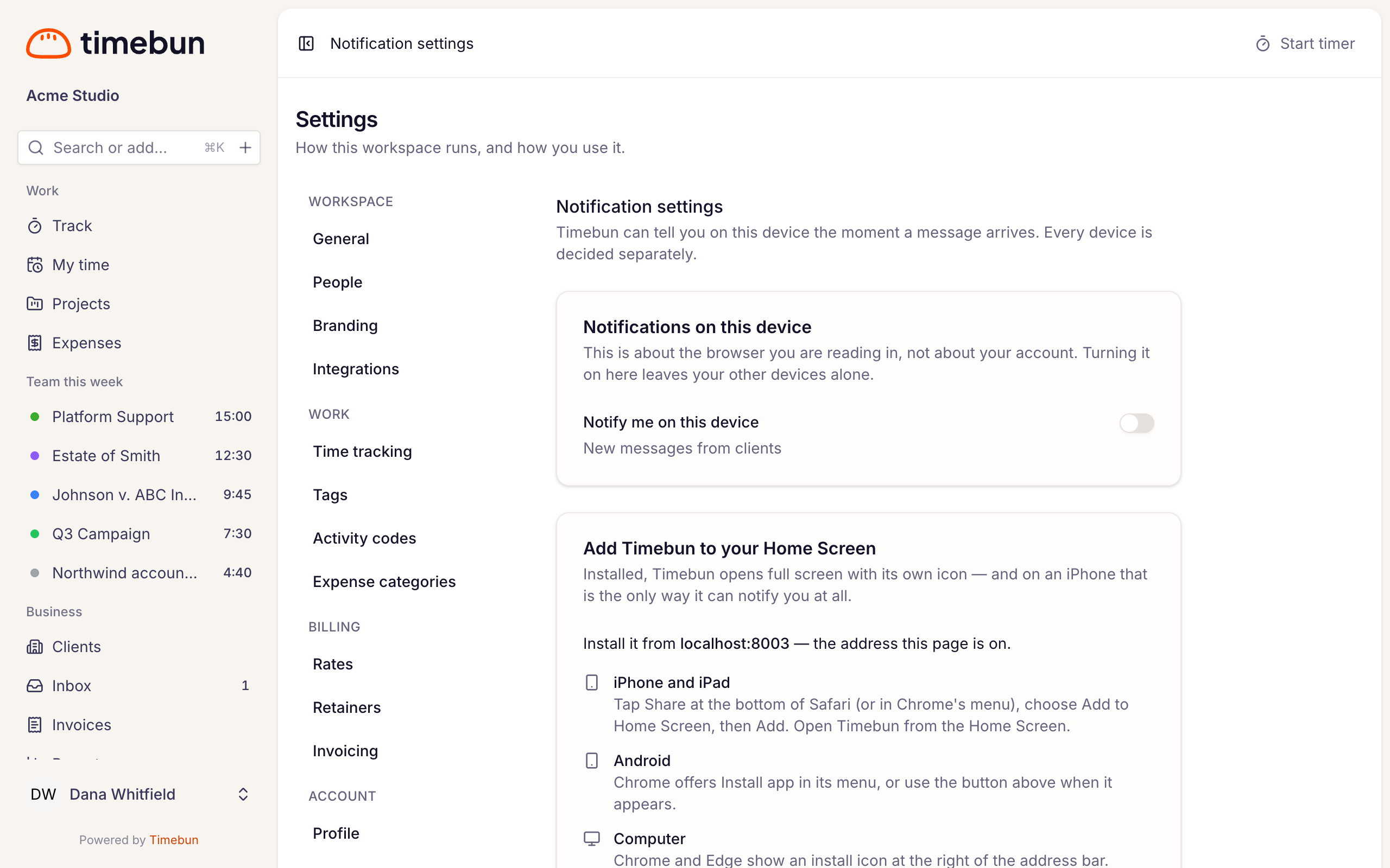 Notification settings with the 'Notify me on this device' switch
