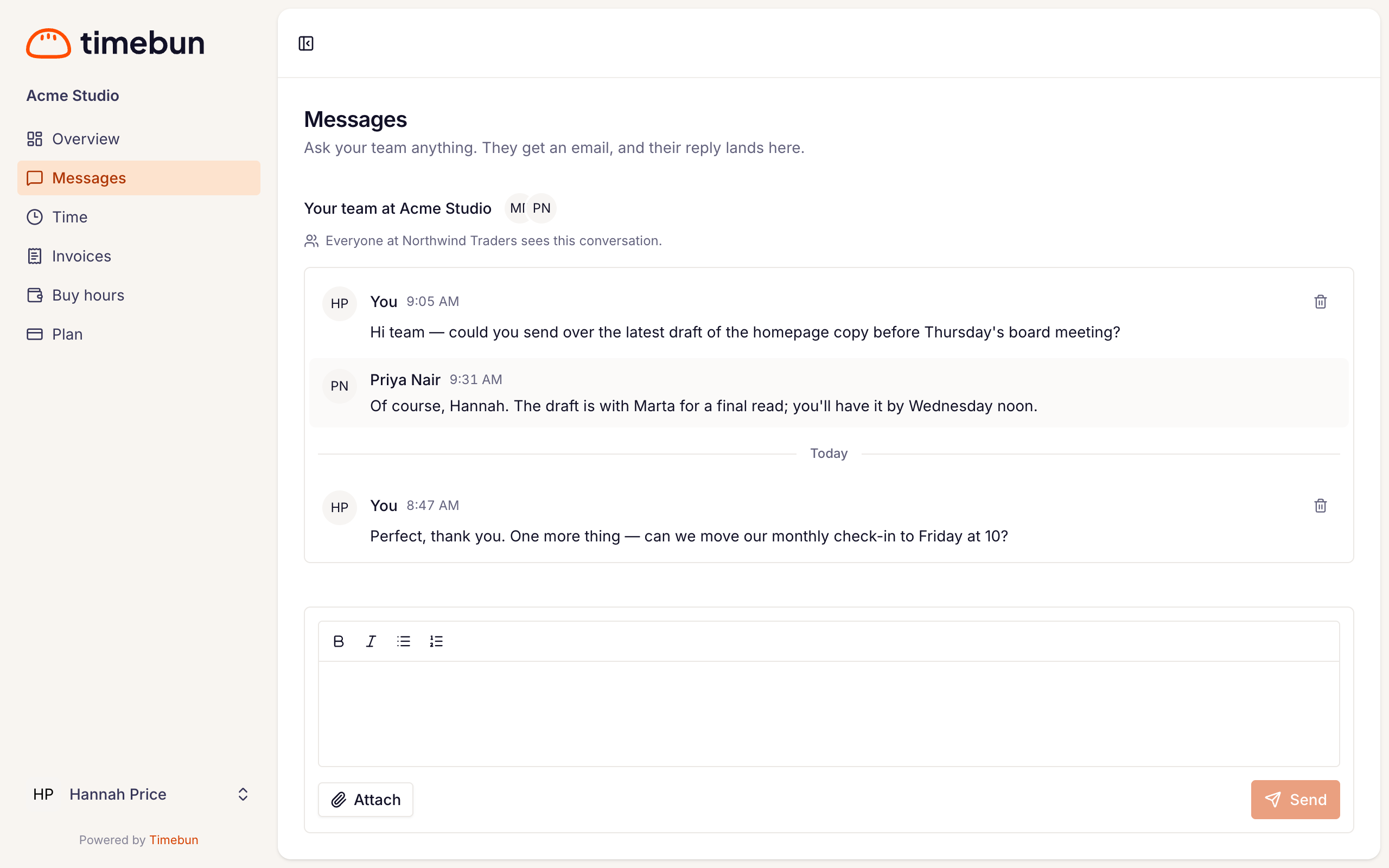the Messages page with the team's faces at the top and the message box