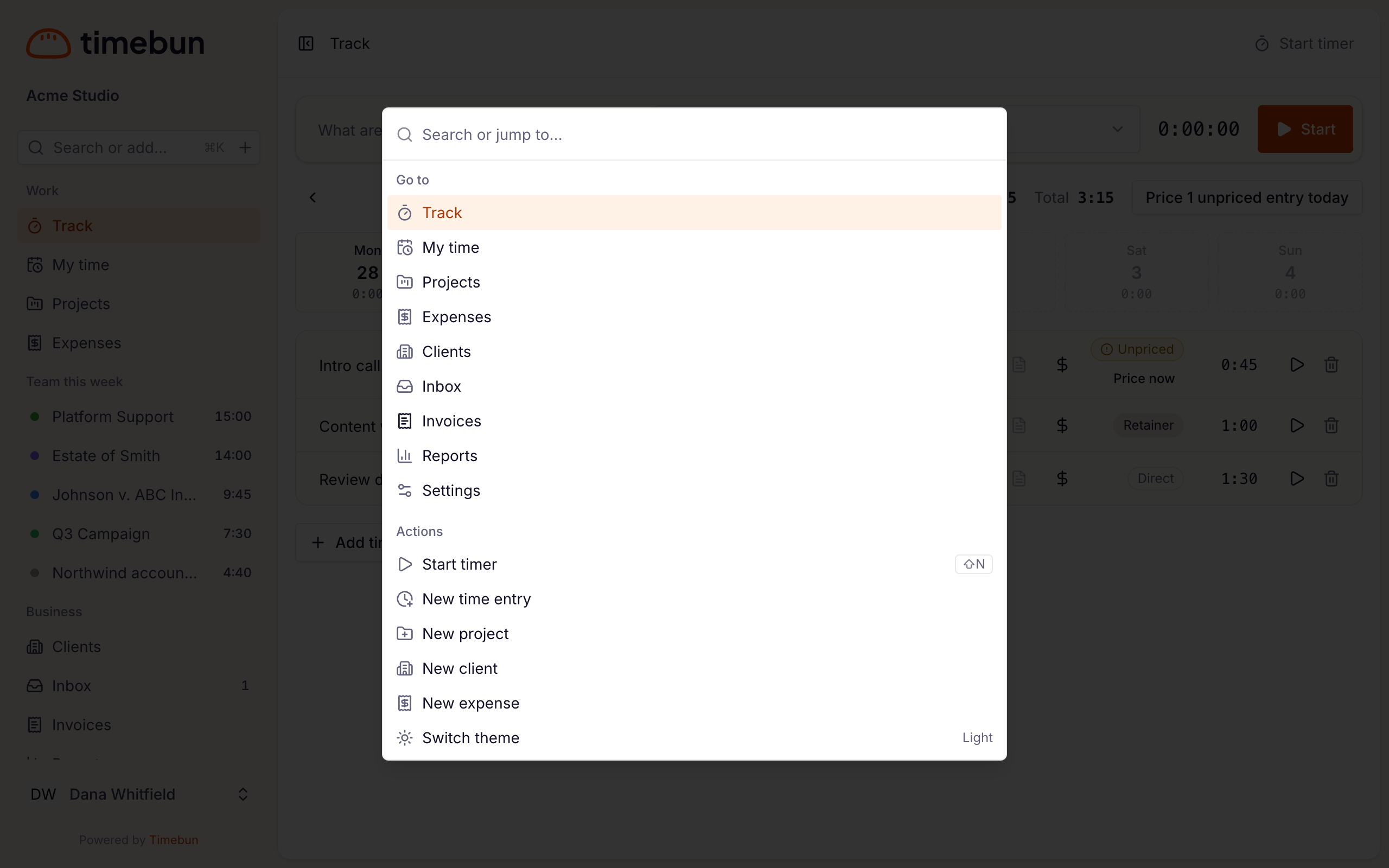 the search box open, with Go to and Actions listed