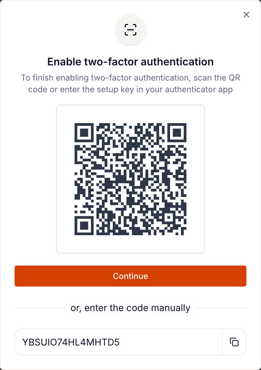 the Enable two-factor authentication dialog with the QR code