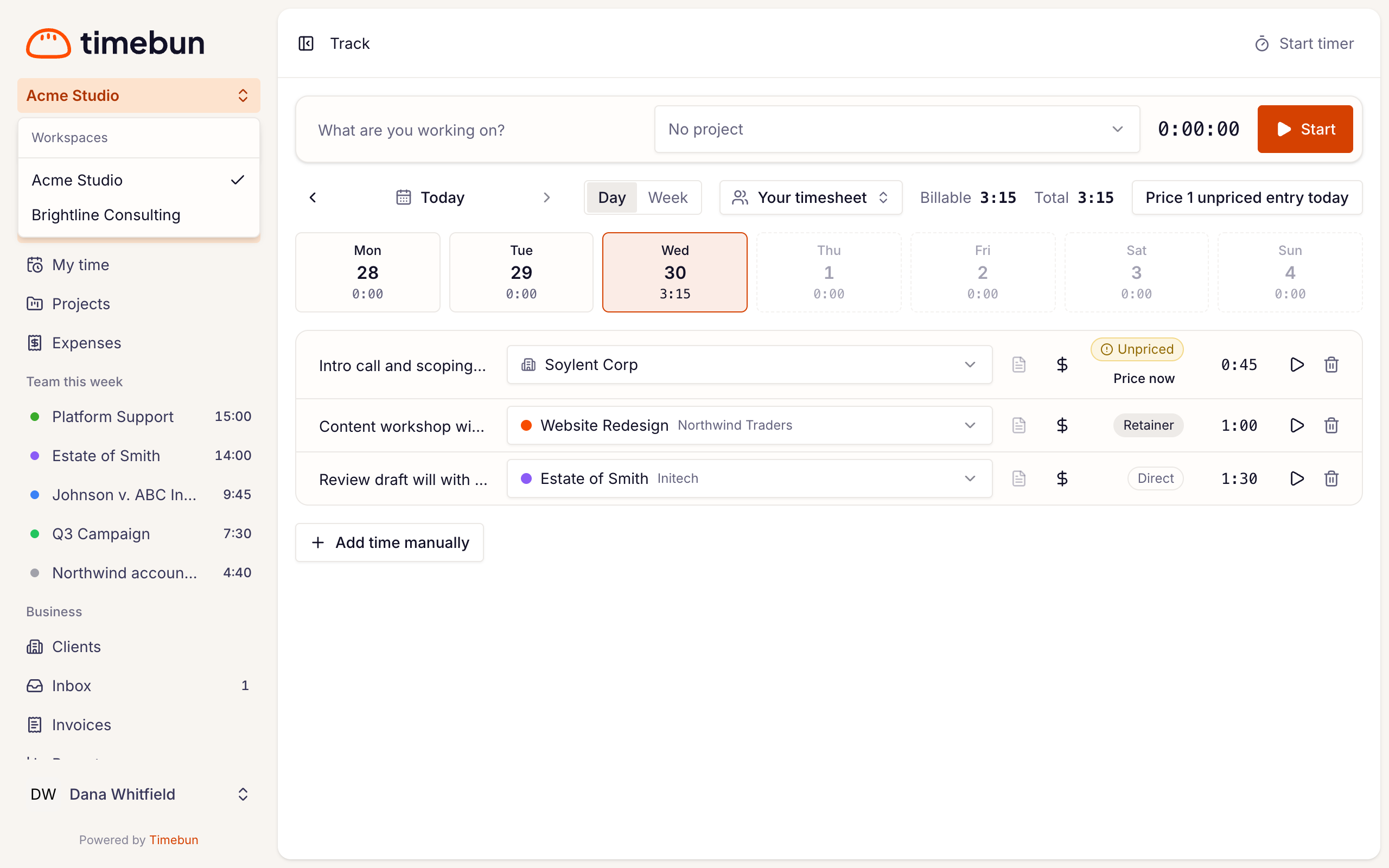 the workspace menu open at the top of the sidebar