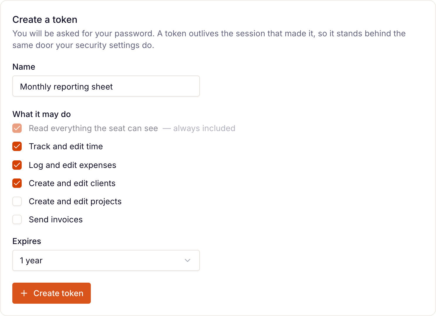 the Create a token form with permissions ticked