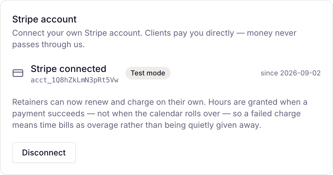 the Stripe account card on Settings → Invoicing, connected