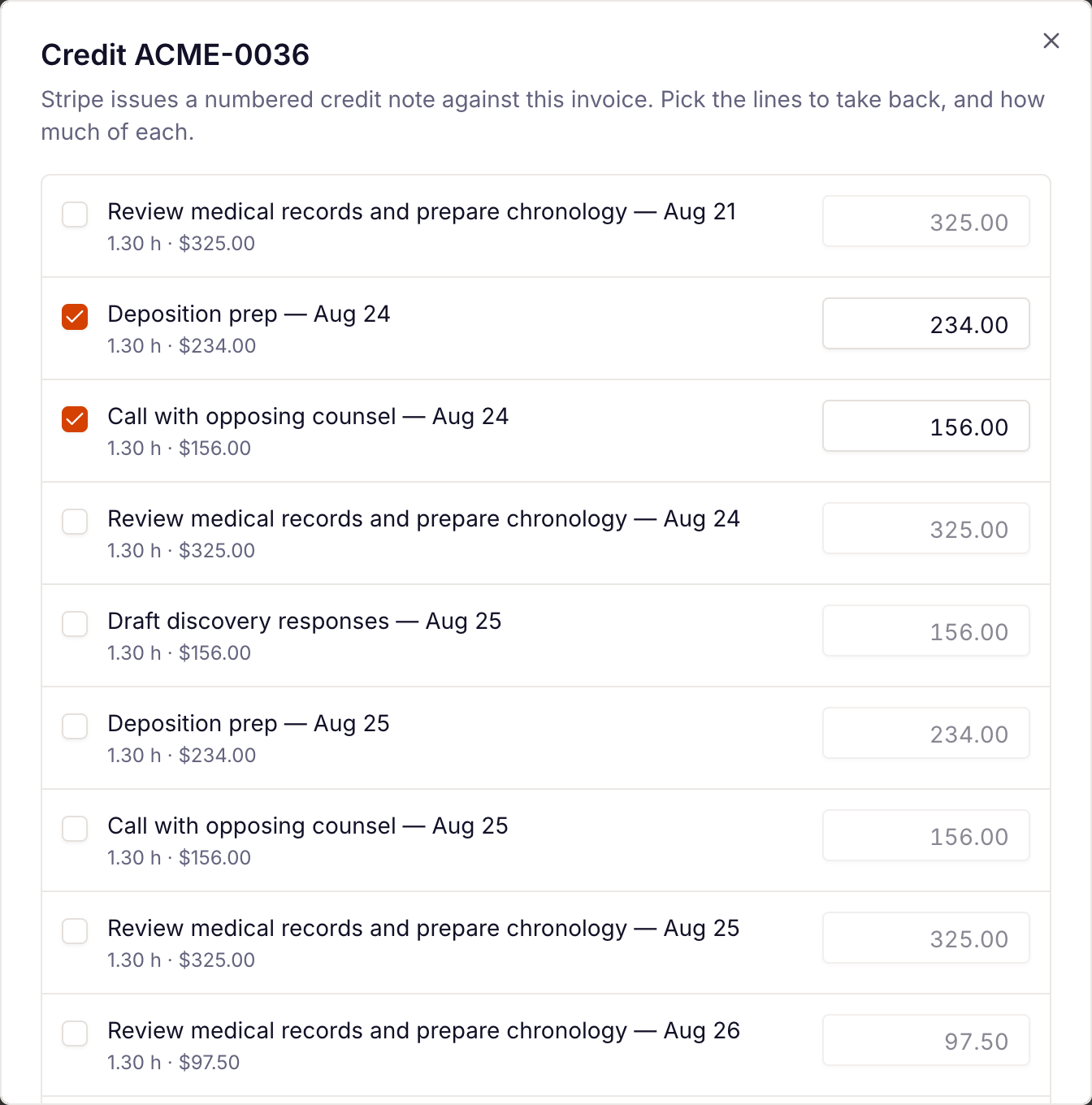 the credit note dialog with two lines ticked