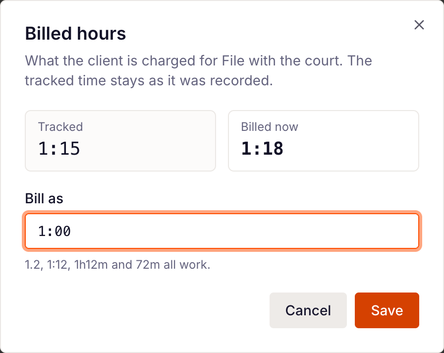 the Billed hours dialog