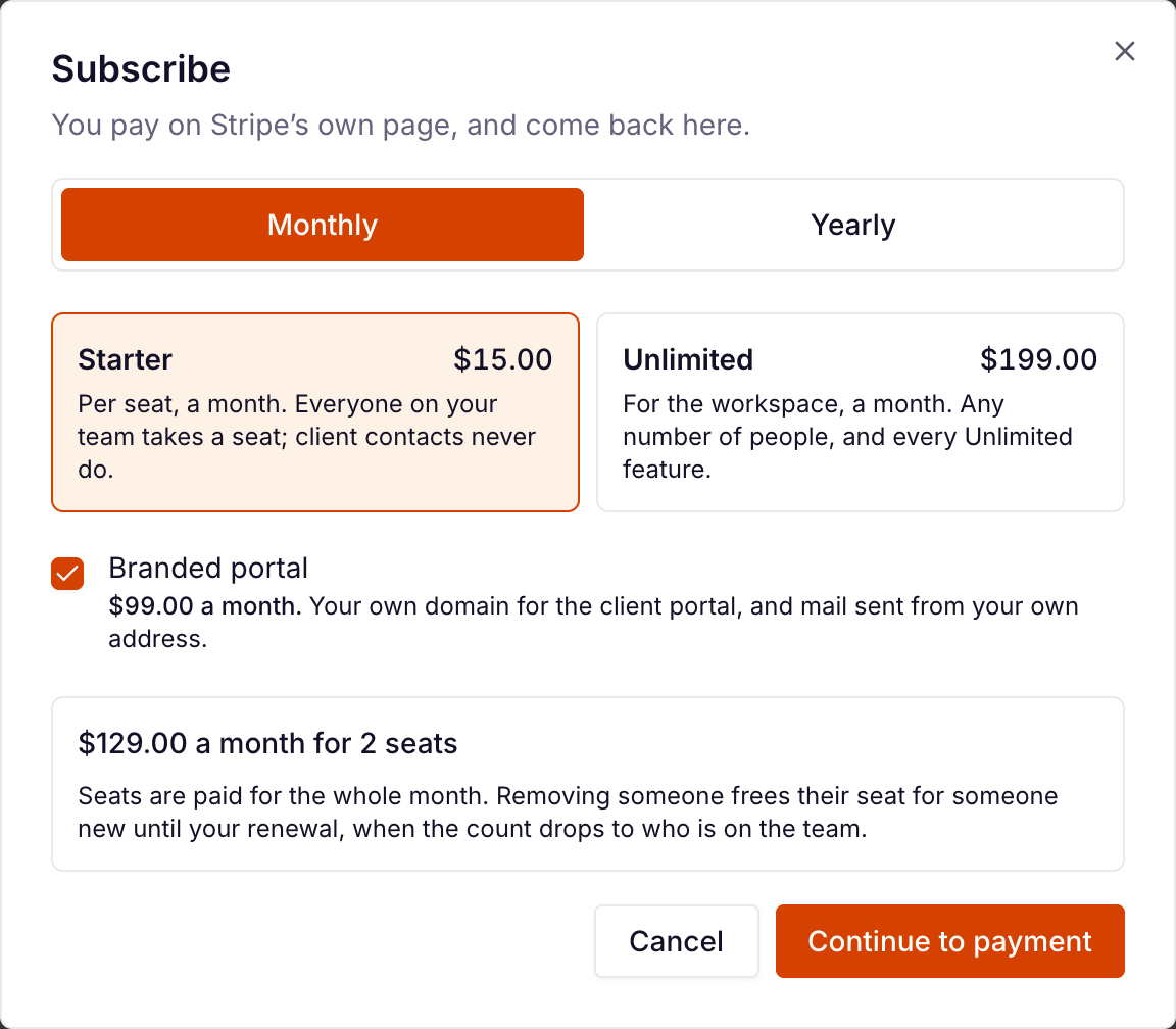 the Subscribe dialog with Monthly, Starter and Branded portal chosen