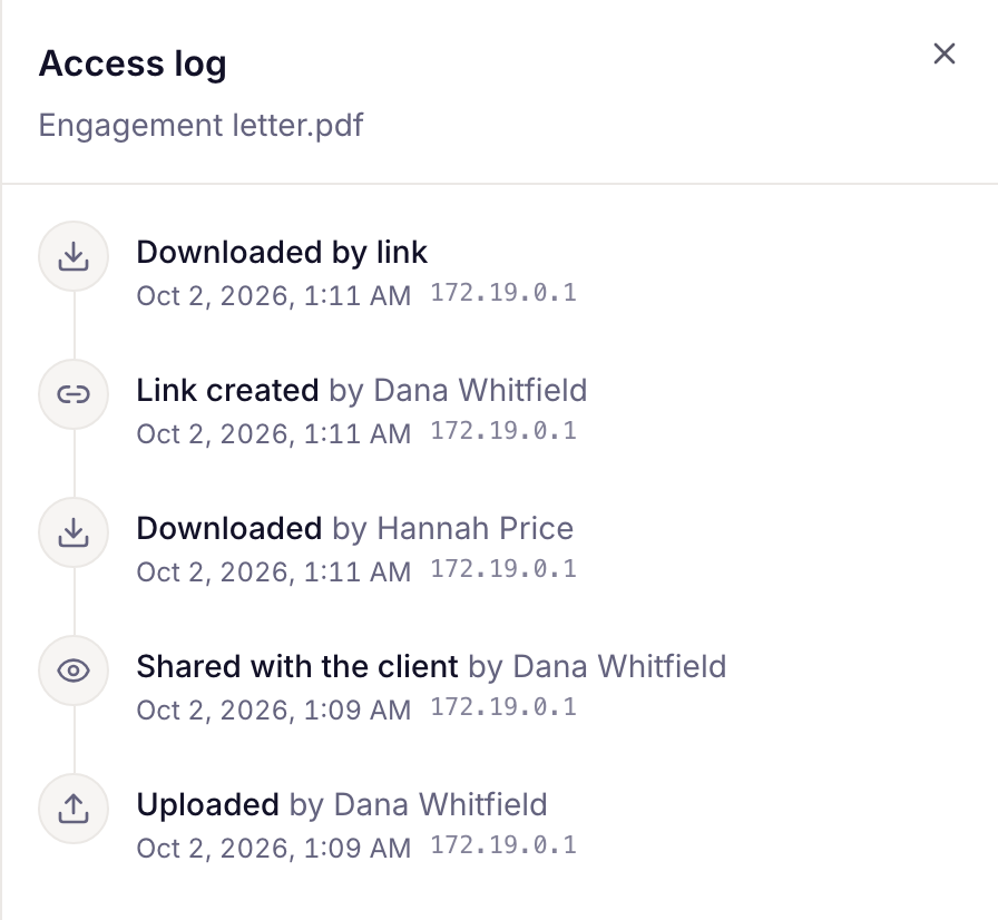 the Access log panel for a shared file
