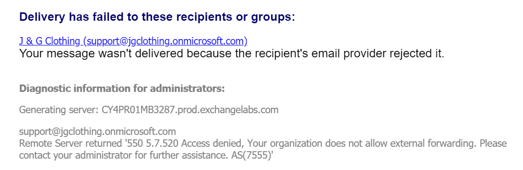 email bounce back message in office 365