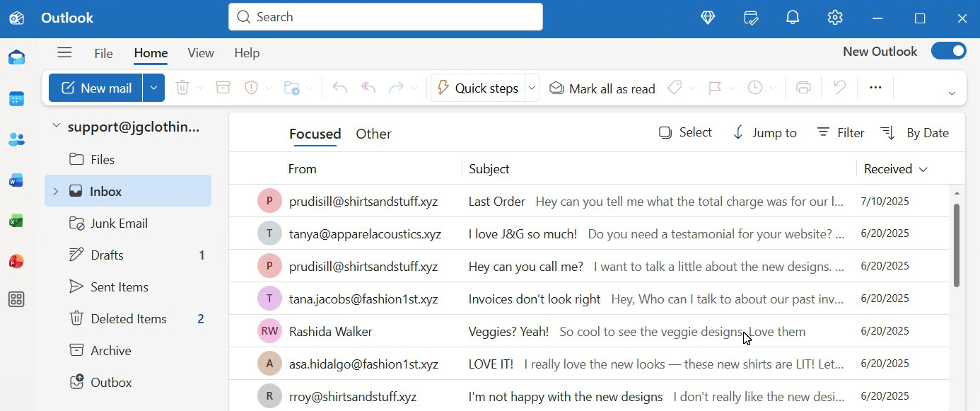 The new Outlook screen with bright blue colors and the