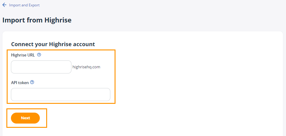 Add your Highrise URL and API token to continue.