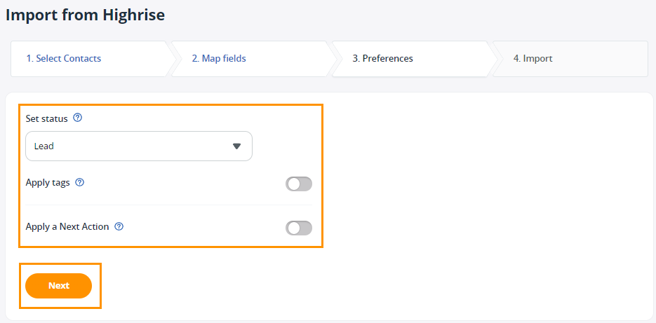 Select Highrise import preferences.