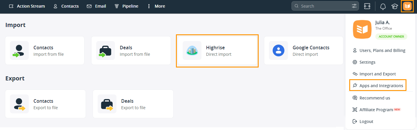 Import & Export Page, click on Highrise Direct import.