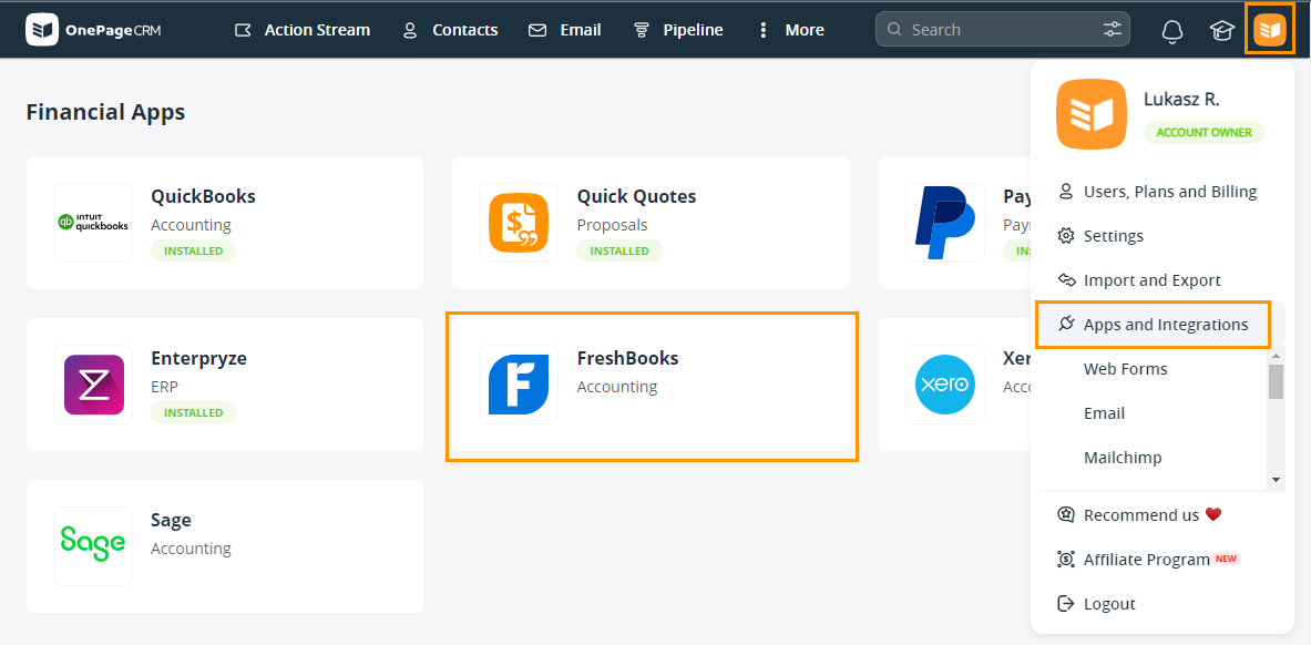 Apps and Integration page l FreshBooks