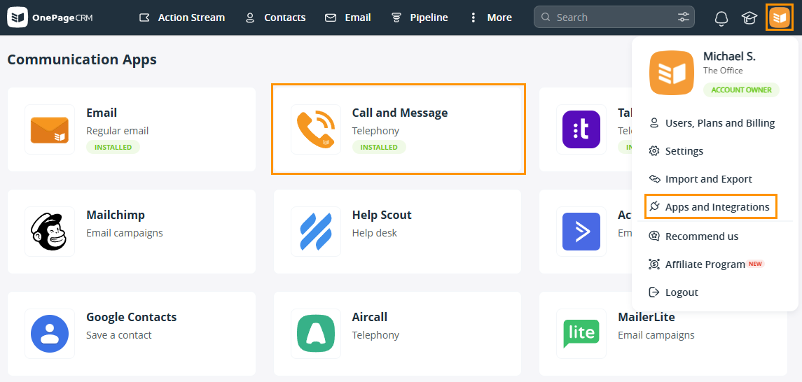 OnePageCRM | Apps and Integrations | under Communication apps section, select Call and Message