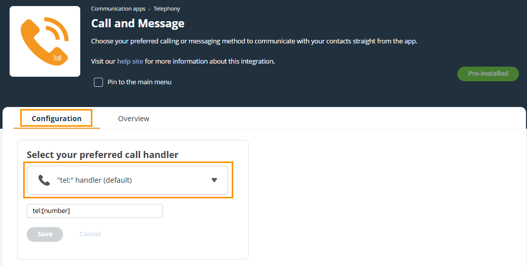 OnePageCRM | Call and Message integration | Configuration tab | the preferred call handler section is highlighted.
