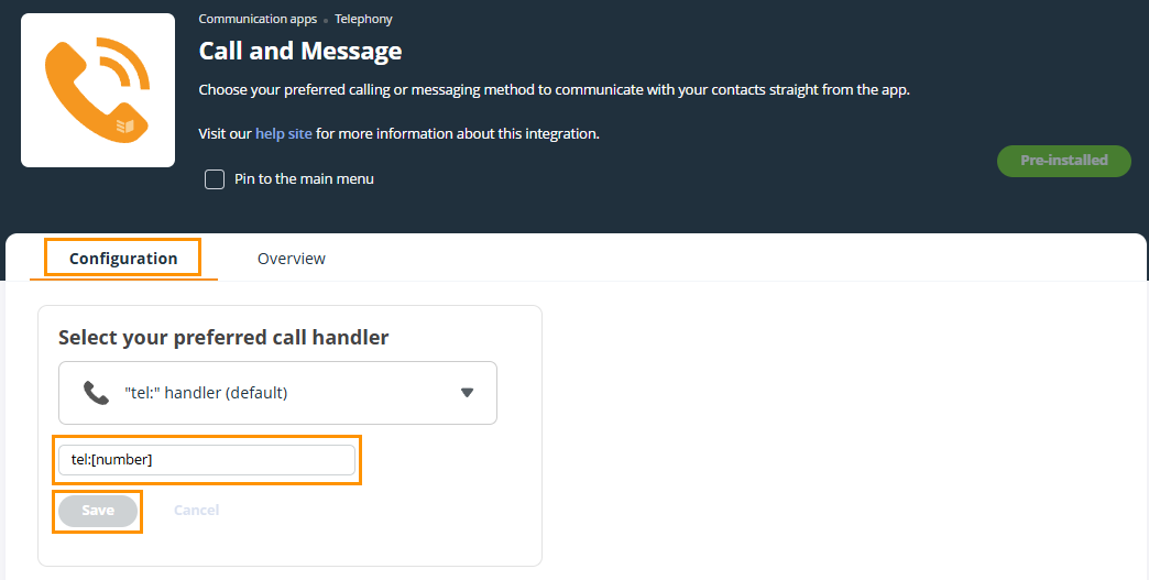 OnePageCRM | Call and Message integration | Configuration tab | the field for the protocol syntax is highlighted for the preferred call handler section.