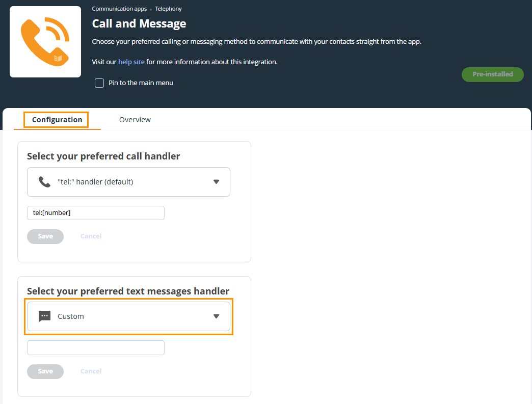 OnePageCRM | Call and Message integration | Configuration tab | the preferred text message handler section is highlighted.