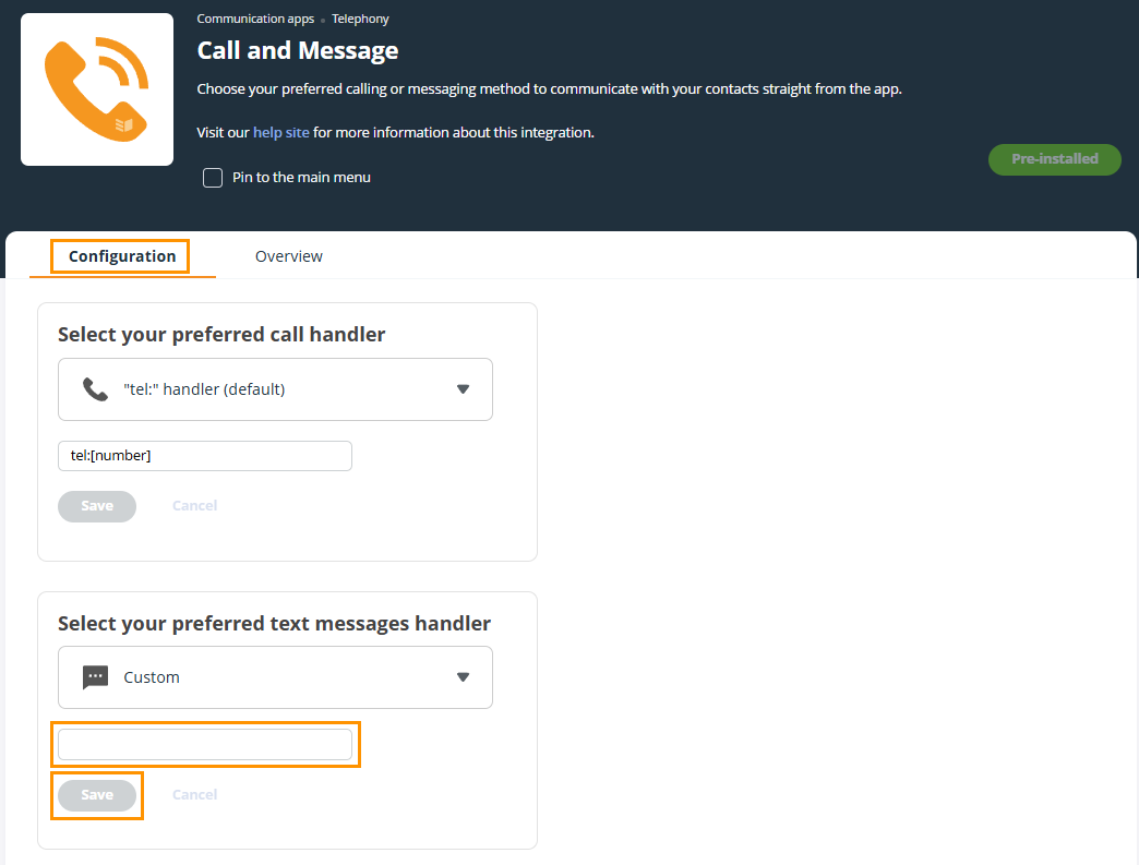 OnePageCRM | Call and Message integration | Configuration tab | the field for the protocol syntax is highlighted for the preferred text message handler section.