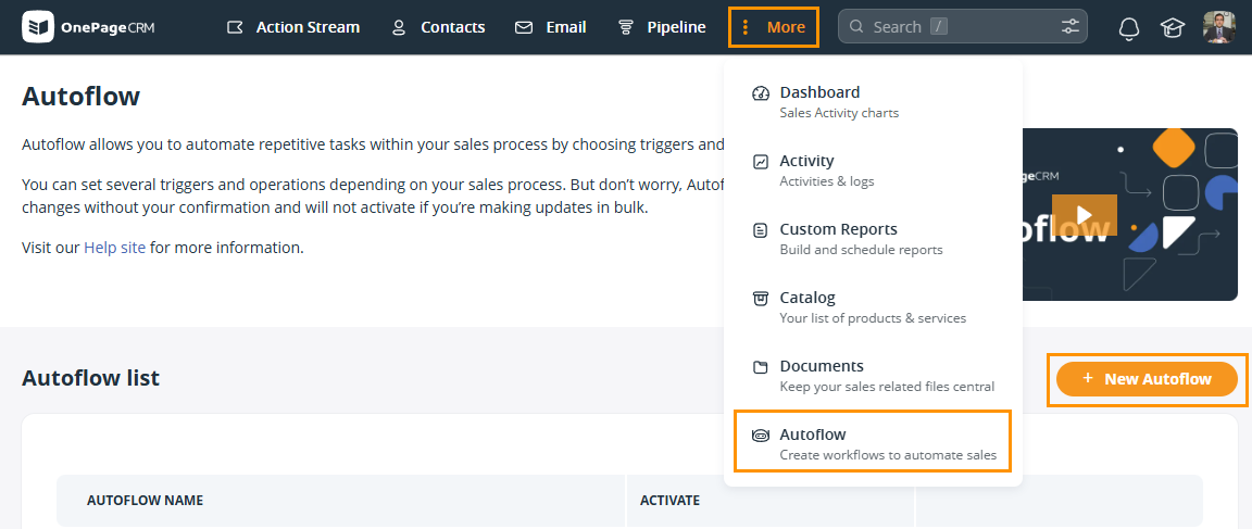 More option at the top and the Autoflow option from the dropdown have been highlighted with an orange box. On the Autoflow page the + New Autoflow button has also been highlighted with an orange box.