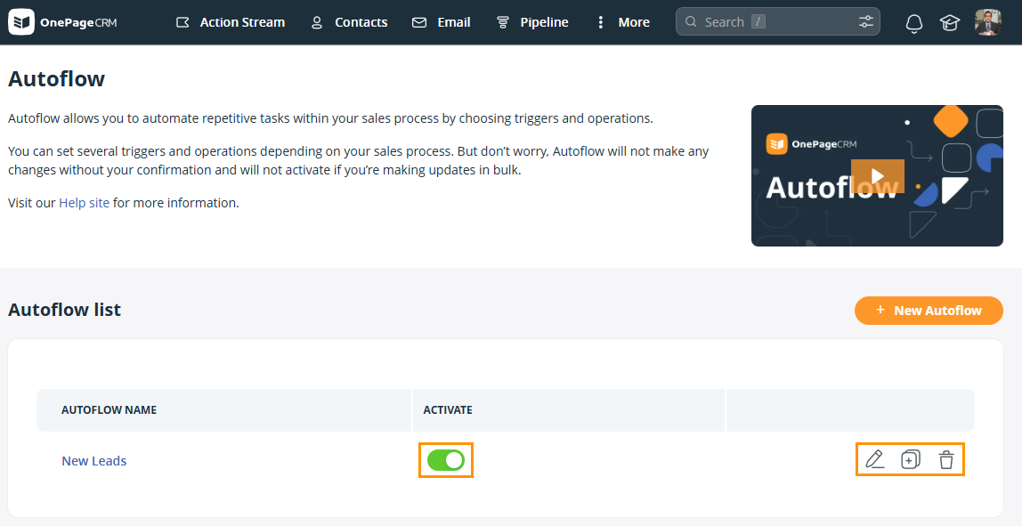Under the Autoflow list section, the pencil icon, clone icon and bin icon are highlighted for the Autoflow.