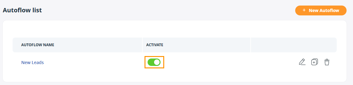 Under the Autoflow list section, the Activate slider is set to green.
