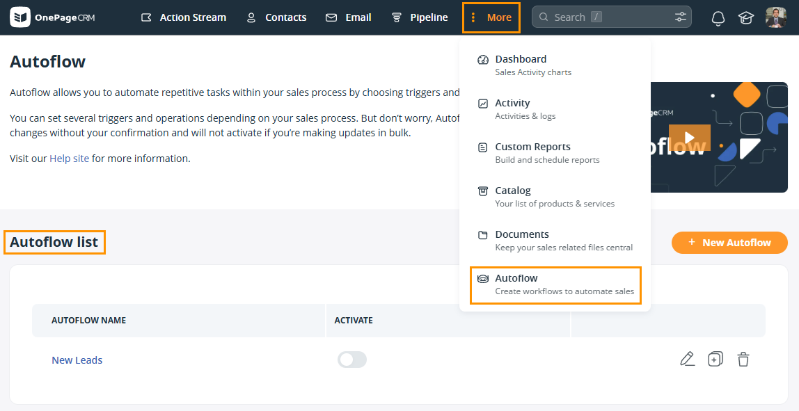 In OnePageCRM the More dropdown is expanded and the Autoflow option is highlighted.
