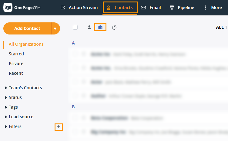 OnePageCRM | Contacts tab | The building icon has been selected at the top and the plus icon in the left hand-side menu next to filters has been highlighted.