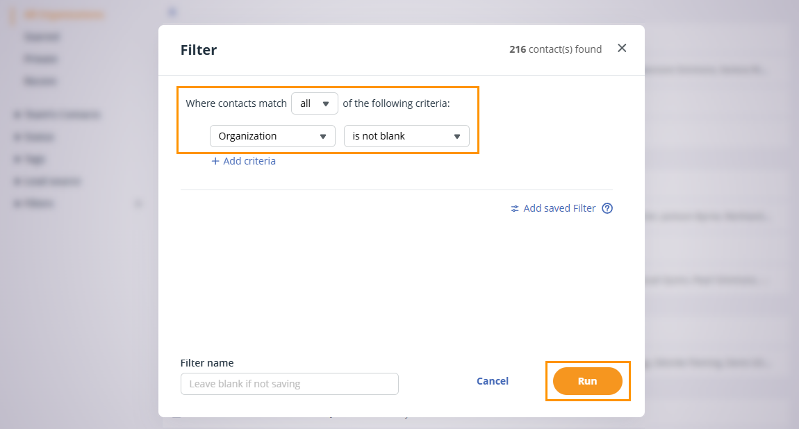 OnePageCRM | The Filter pop-up window displays the first dropdown as