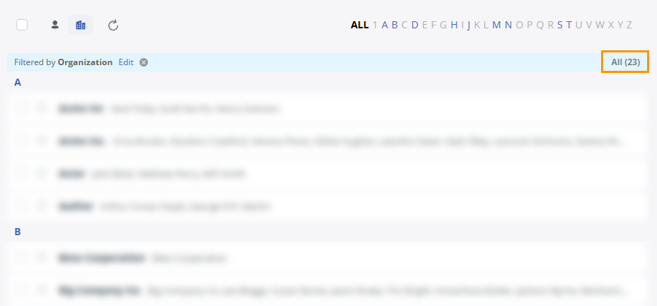 OnePageCRM | The filter results are displayed on the Contacts tab. The number in the blue banner at the top is highlighted.